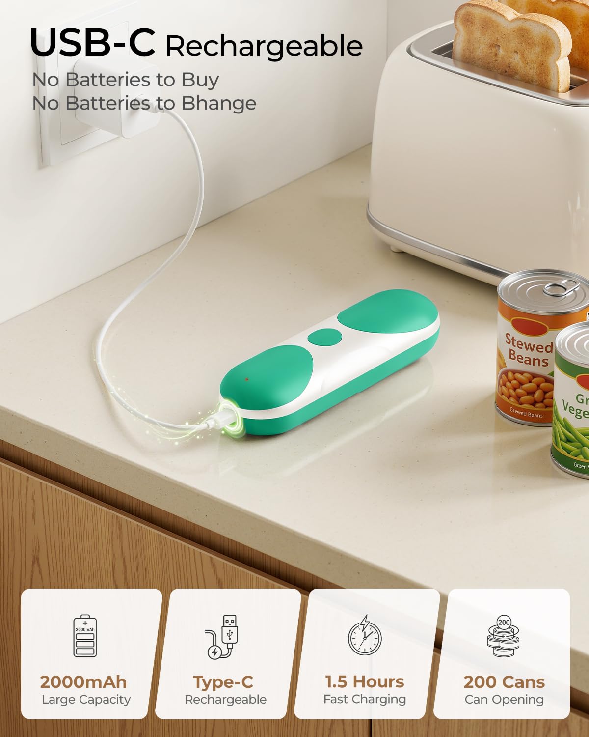 Apriscatole elettrico ricaricabile per anziani con artrite, funzionamento a batteria, funzionamento automatico one-touch, a mani libere, con bordo liscio, per lattine piccole o grandi