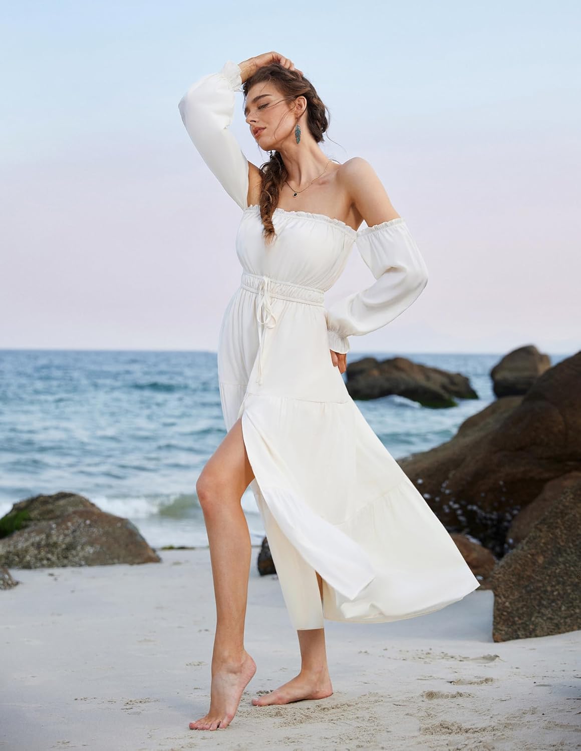 SCARLET DARKNESS Women's Boho Dress 2026 Summer Off The Shoulder Long Sleeve Renaissance Maxi Dresses with Split - Image 4