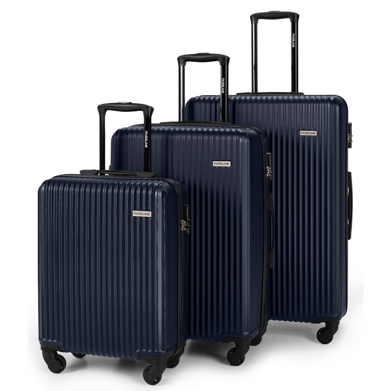 Kofferset 3 stück, Trolley Set Handgepäck und Reisegepäck, Kabinenkoffer, Mittel und Großer Koffer Hartschale aus ABS, Vier 360°-Spinner-Rollen, Zahlenschloss, Teleskopgriff, Dunkelblau