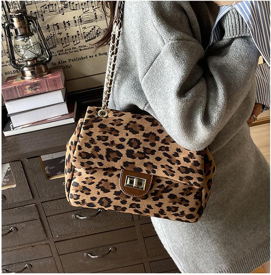 ZXBUZO Leopard Suede Crossbody Bag with Chain Faux Suede Cheetah Print Shoulder Satchel Handbag Animal Print Suede Purses - Image 4