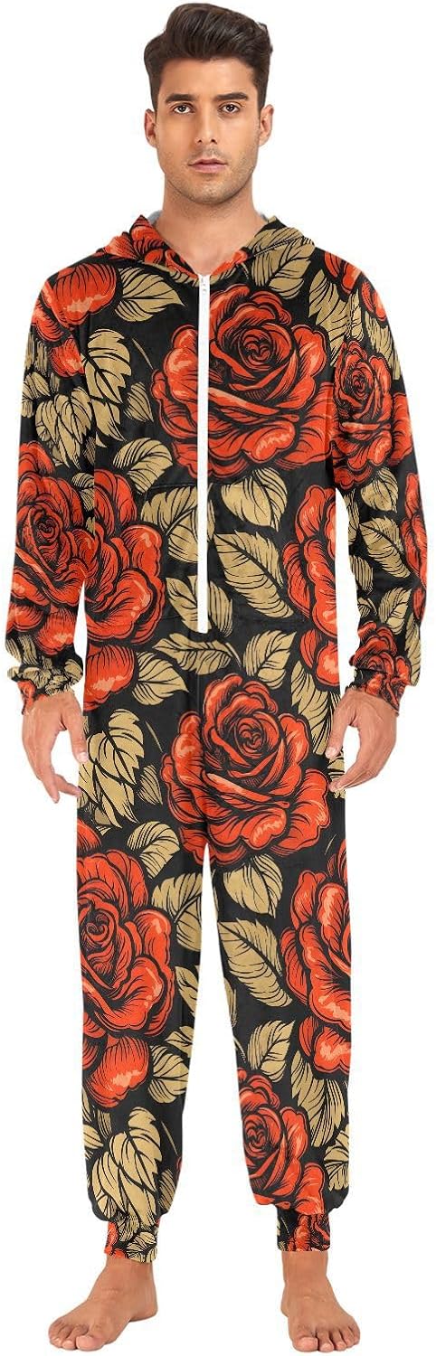 Red Rose Black Pattern Adult Onesie Pajamas Novelty One Piece Costume Sleepwear Jumpsuits Matching PJS