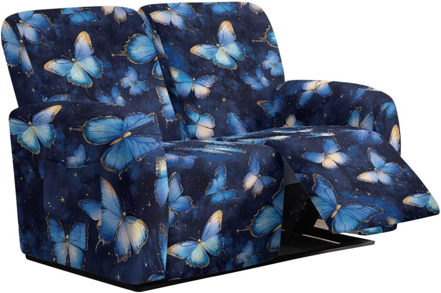 Butterfly Double Recliner Covers Washable Lazy Boy Recliner Slipcovers Dark Blue Reclining Loveseat Covers 2 Seater Animal Scratching Proof Sofa Cover