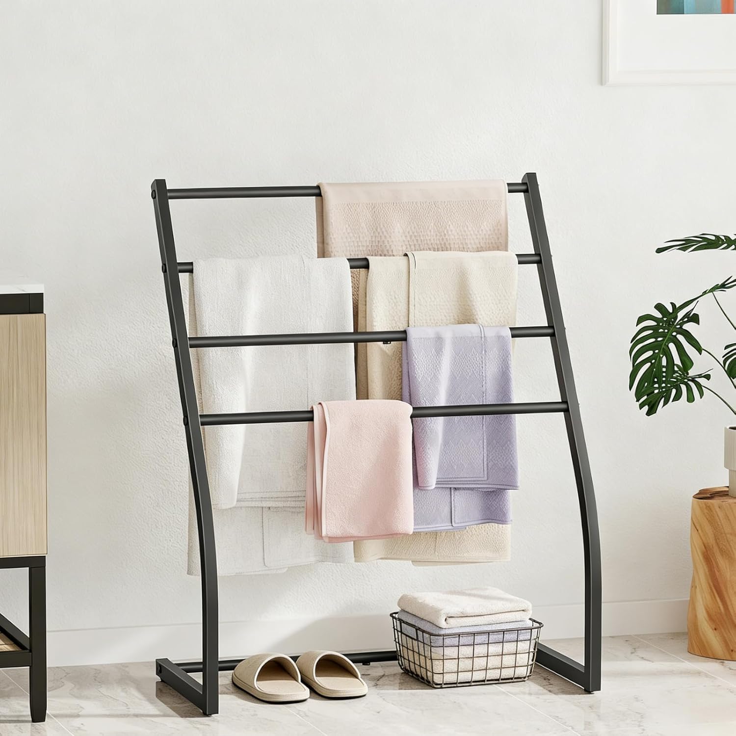 Honiter Towel Drying Rack for Bathroom, Free Standing Towel Rack, 4 Tier Wide Towel Dryer Rack, Pool Towel Racks Outdoor, Blanket Ladder Holder, Metal Towel Bar Stand for Oversized Bath Towel