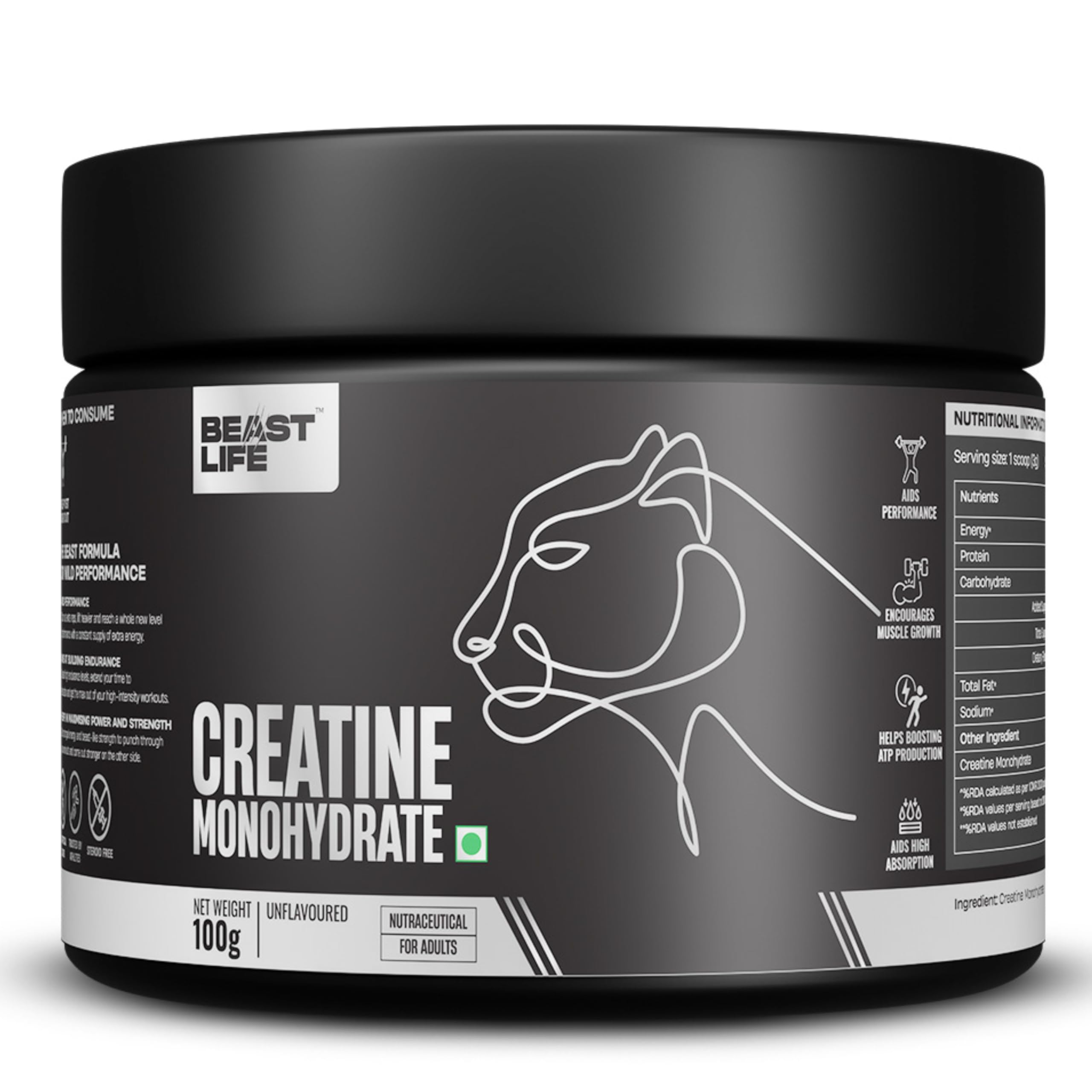 BeastLife Creatine Monohydrate Powder 100g (33 Servings) Unflavoured | Super Micronized for Fast Absorption | NABL Lab Tested | Boosts Strength & Athletic Performance