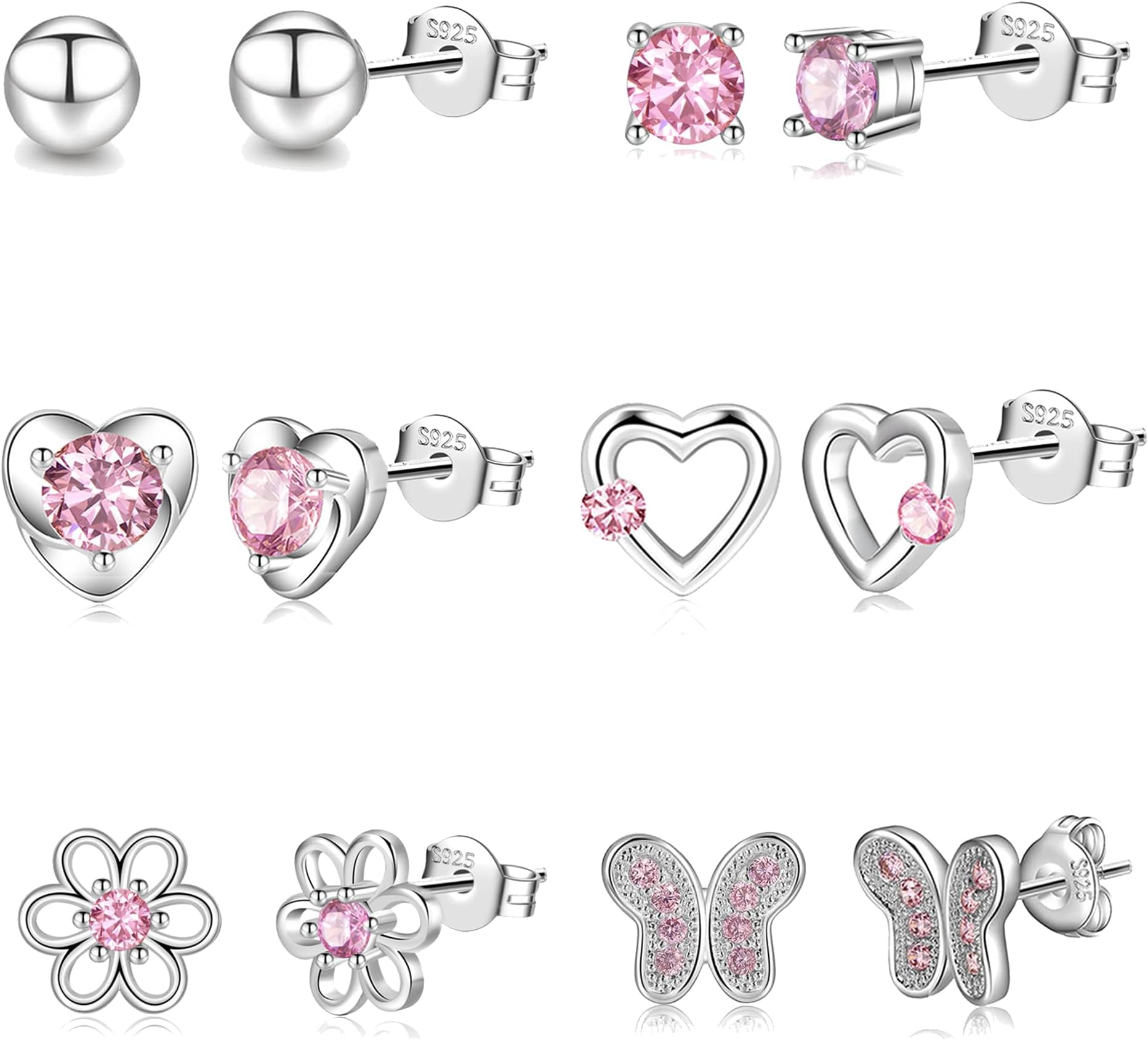 6 Pairs Huggie Hoop Earrings for Girls 925 Sterling Silver Stud Sets Cute Kids Heart Hoops Tiny Cubic Zirconia Flower Stud Small Hypoallergenic Cartilage Sleeper Earrings for Teen Toddler Childs Women