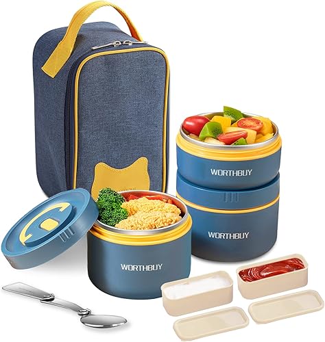 VANDHOME Juego de lonchera portátil con aislamiento, apto para microondas para adultos y niños, contenedor térmico de acero inoxidable 188 para