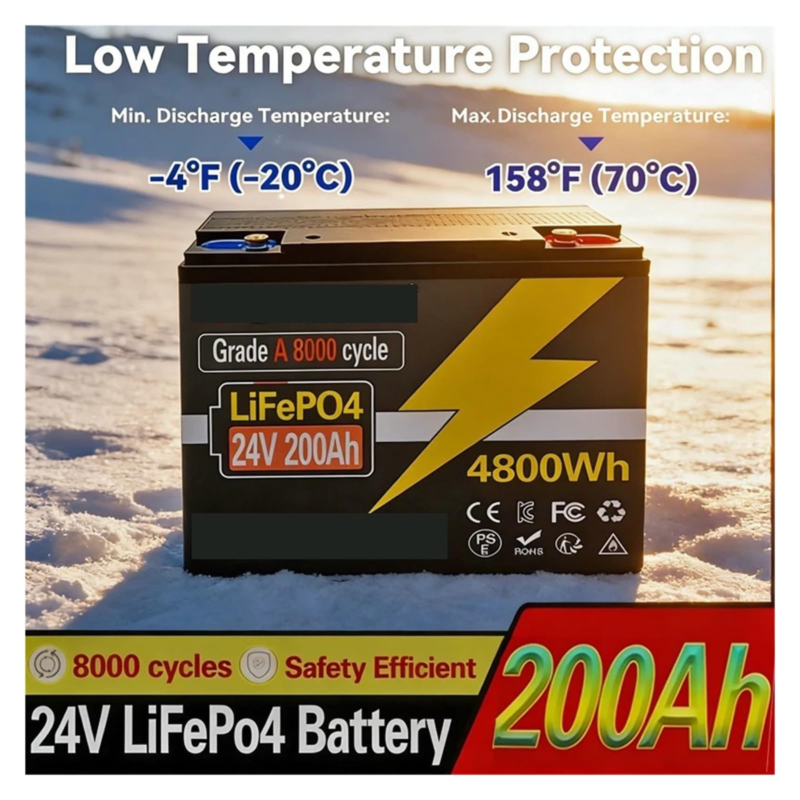 Batteria A Ciclo Profondo, Batteria LiFePO4 Da 24 V 100 Ah A Bassa Temperatura | Protezione Oltre 6000 cicli compatibili con le applicazioni off-grid RV Solar Marine(24V 100AhX1)