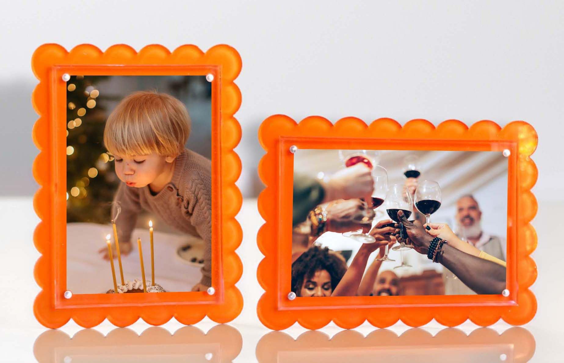 GRAHAM DESIGN 2 Pack of 5 x 7 Orange Acrylic Scalloped Picture Frames, Magnetic Closure with Dual Kickstand Holes for Vertical and Horizontal Display