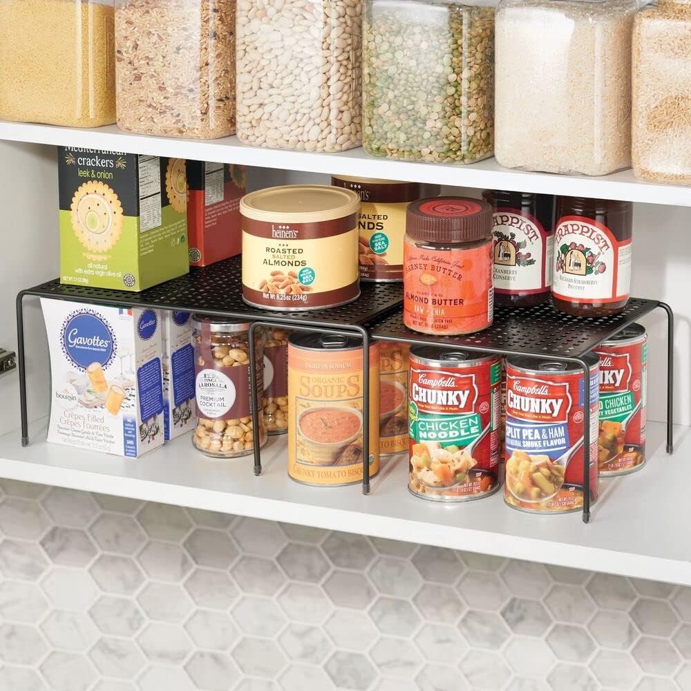 mDesign Adjustable Raised Metal 2-Piece Kitchen Stacking Organizer Shelves, Expanding Storage Rack for Cupboard, Pantry Shelf, Non-Skid Feet, Hold Dishes, Bowls, Mugs, Concerto Collection, Black