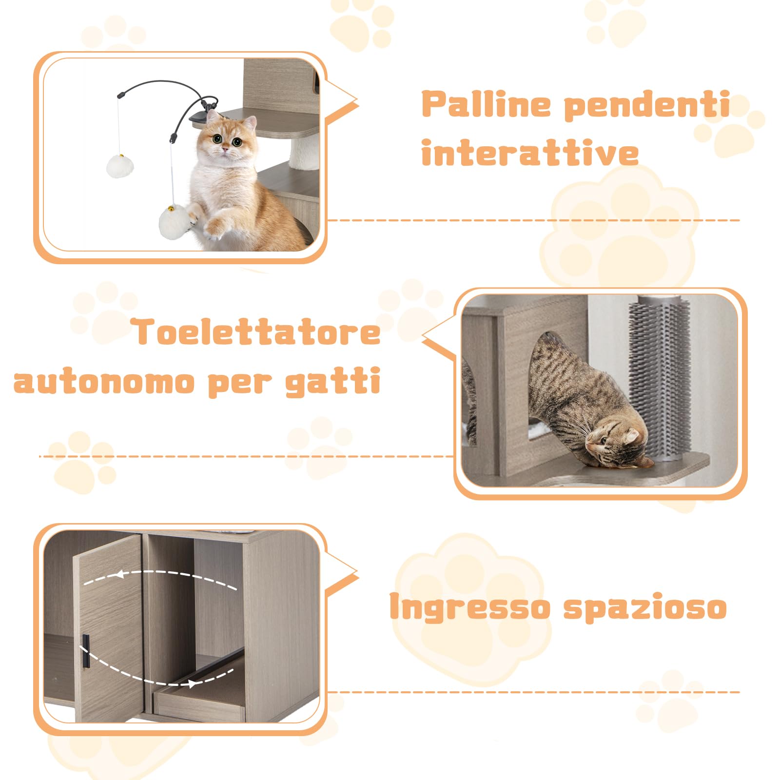 GYMAX Albero Tiragraffi per Gatti con Mobile Nascondi Lettiera, Torre per Gatti Tutto-in-uno con 2 Casette, Tiragraffi, Tappeti di Sisal, Palline, Spazzola, Mobile in Legno per Gatti Domestici