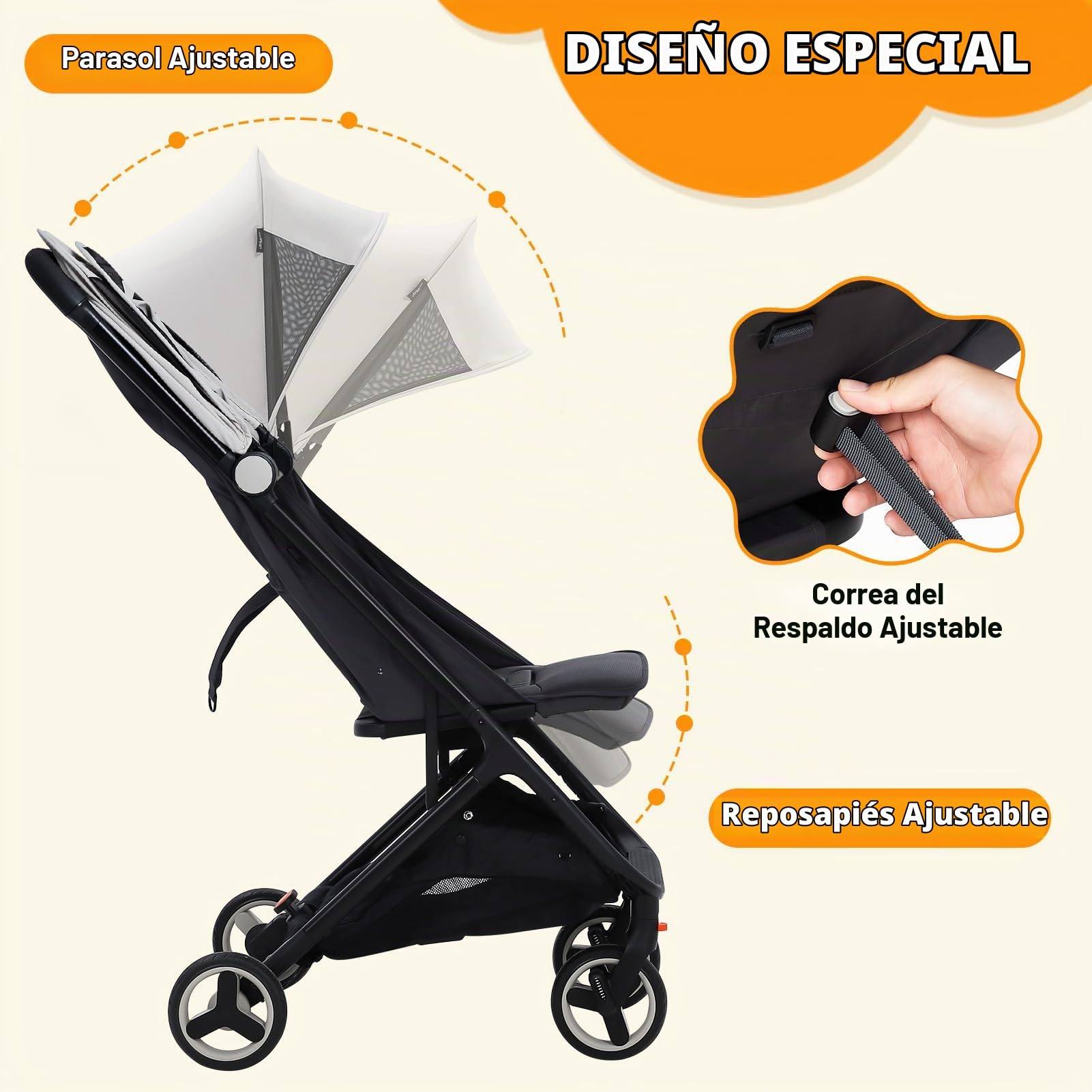 Sillas De Paseo Ultracompacto,Silla Paseo Bebe Plegable Para Viajar En Avión, Reclinable De 95 a 150°, Homologado Para Llevar En La Cabina, Para Bebés y Niños Pequeños De Hasta 22 kg (0-4 Años)