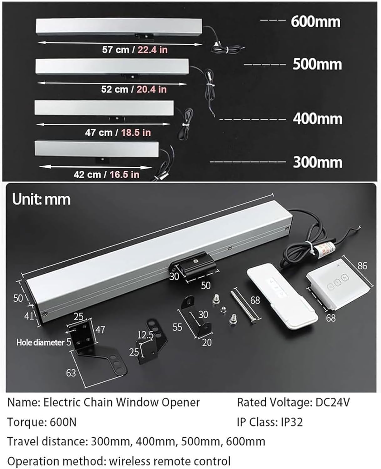 Electric Window Opener, Automatic Actuator with Wall Switch and Remote Control, 400 Torque, Double-Layer Chain, Silent Design for Skylight and Greenhouse Ventilation