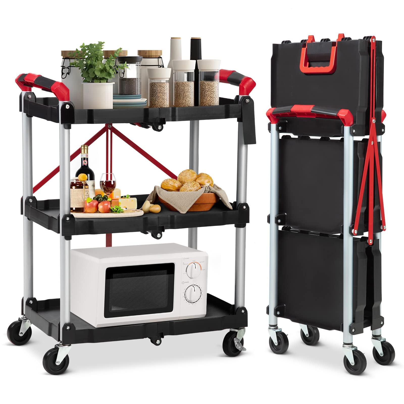 Chariot Pliable à 3 Niveaux, Chariot de Service à roulettes, Capacité 75 kg, Chariot de Cuisine Compact pour la Maison, Le Bureau, Le Garage, 60 x 38 x 83 cm, Noir