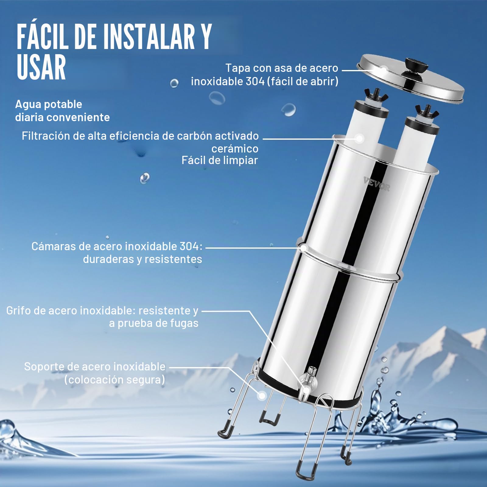 VEVOR Sistema de Filtración de Agua por Gravedad 8,5 L Acero Inoxidable 304 Filtro de Agua por Gravedad Reducción de Plomo y hasta 99% de Cloro con Filtros de Carbón y Cerámica, Grifo y Soporte