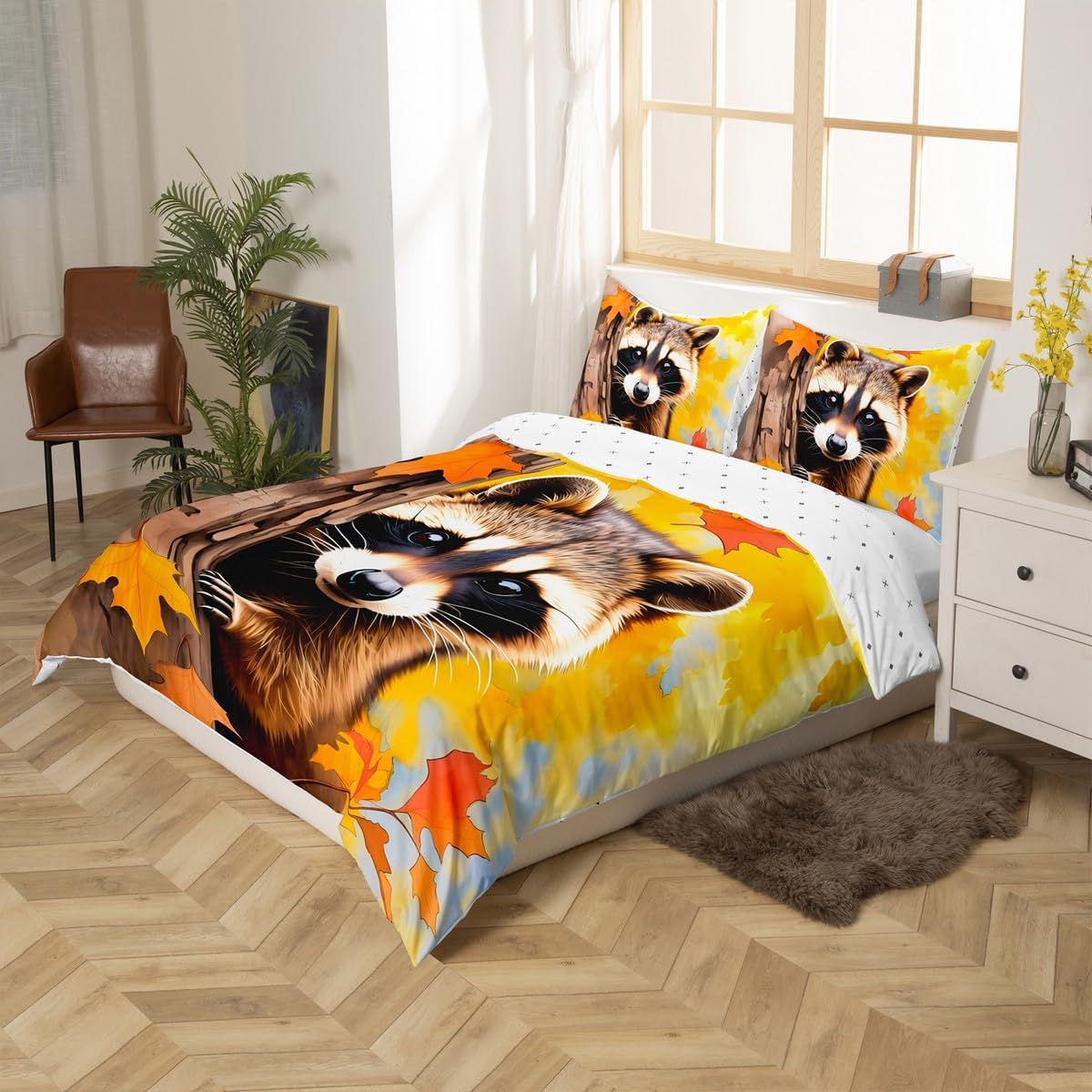 jejeloiu Kids Raccoon Duvet Cover Toddler Size, Cute Raccoon Bedding Set Boys Girls Kawaii Raccoon Comforter Cover Wild Animal Bedspread Cover Kids Room Decor Zipper (No Comforter)