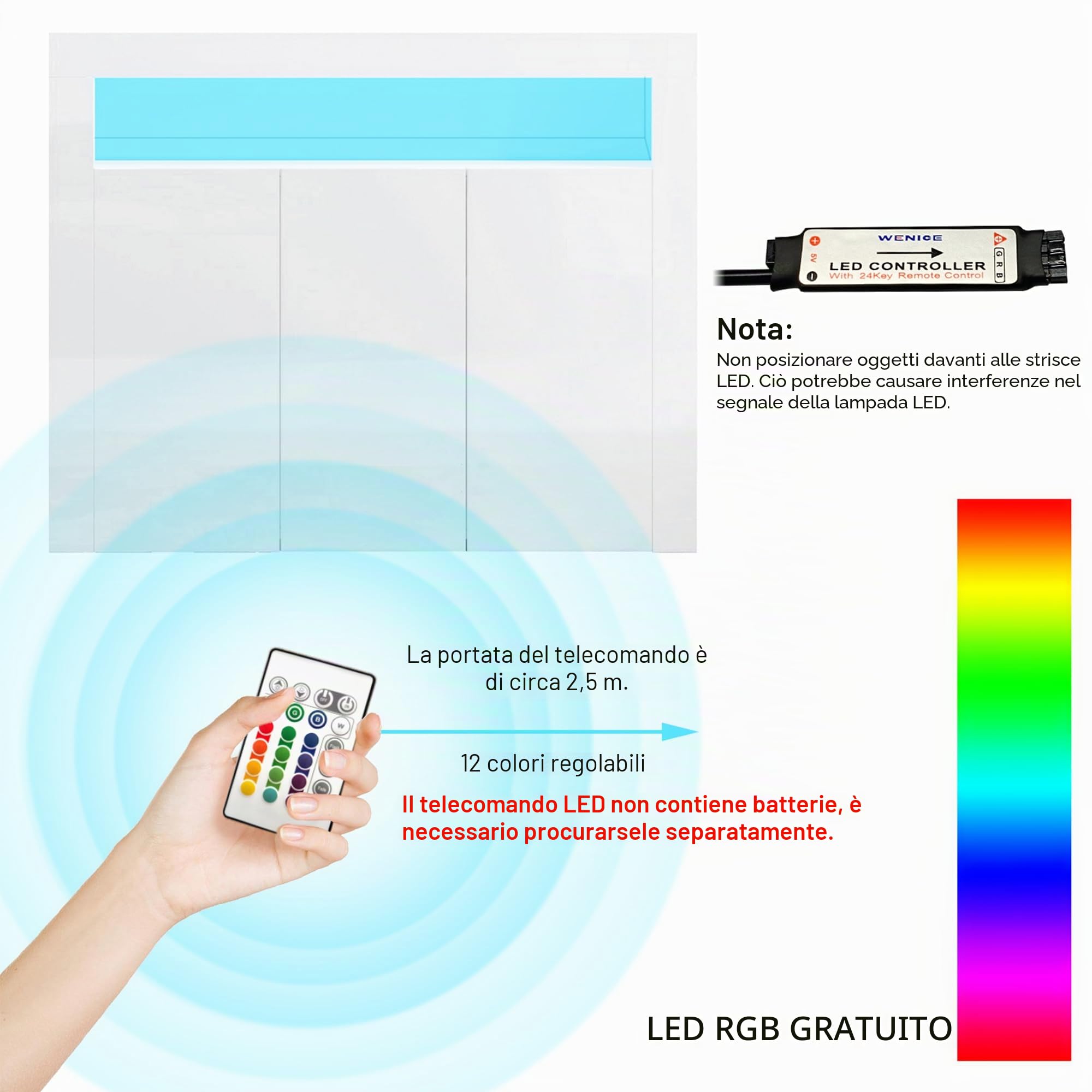 Cassettiera bianca lucida, credenza con LED, 3 ante, design senza manico, per cucina, corridoio, camera da letto, 116 x 93 x 35 cm (larghezza x altezza x profondità)