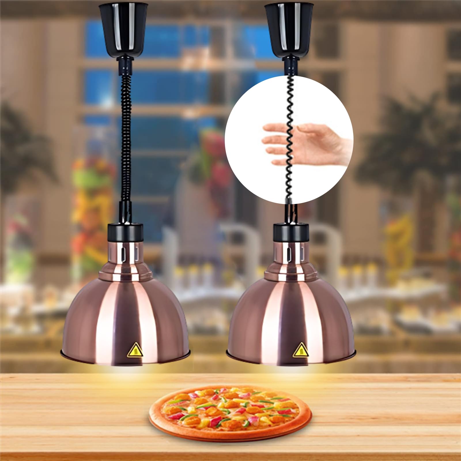 Lamparas de Calor Hosteleria, Colgante Lampara Calor Cocina Altura Ajustable, 250W Lámpara de Calor para Alimentos para Cocina y Comedor Buffet 19 cm/25 cm(Color Cobre-25cm,2 Piezas)