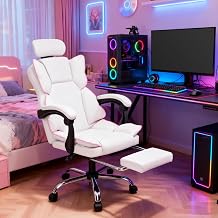 Silla reclinable de respaldo alto, silla de oficina ergonómica con respaldo de pie (blanco) | Silla ergonómica con reposacabezas ajustable, soporte lumbar, tumbona de 135° y retracción