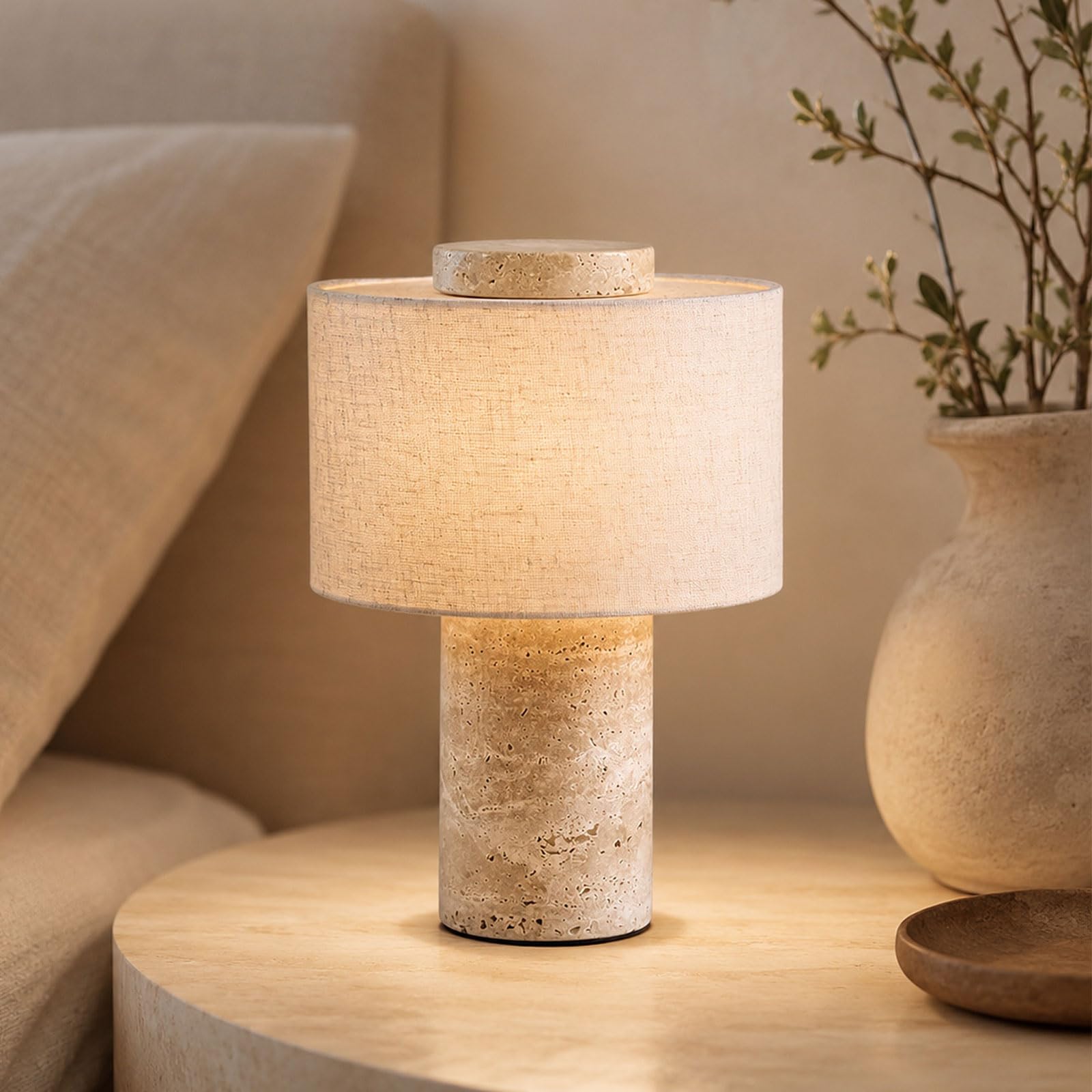 Lampada Da Tavolo In Travertino Wabi-Sabi 25 CM, Senza Fili, Ricaricabile Con Batteria 5200mAh, In Pietra Dimmerabile A Tocco, LED A 3 Temperature, Luce Notturna Color Lino Camera/soggiorno