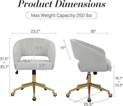 Miniatura 3 de Silla de escritorio giratoria para oficina en casa, moderna silla de escritorio de terciopelo, sillón de altura ajustable con base dorada, silla de