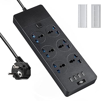 European Power Strip, Jumpso Universal Power Strip with 6 AC Outlets and 4 USB Ports, 110-240v, 3000w Power Strip with EU Plug, 6Ft, Electrical Outlet Extender for Travel Home Office Essentials