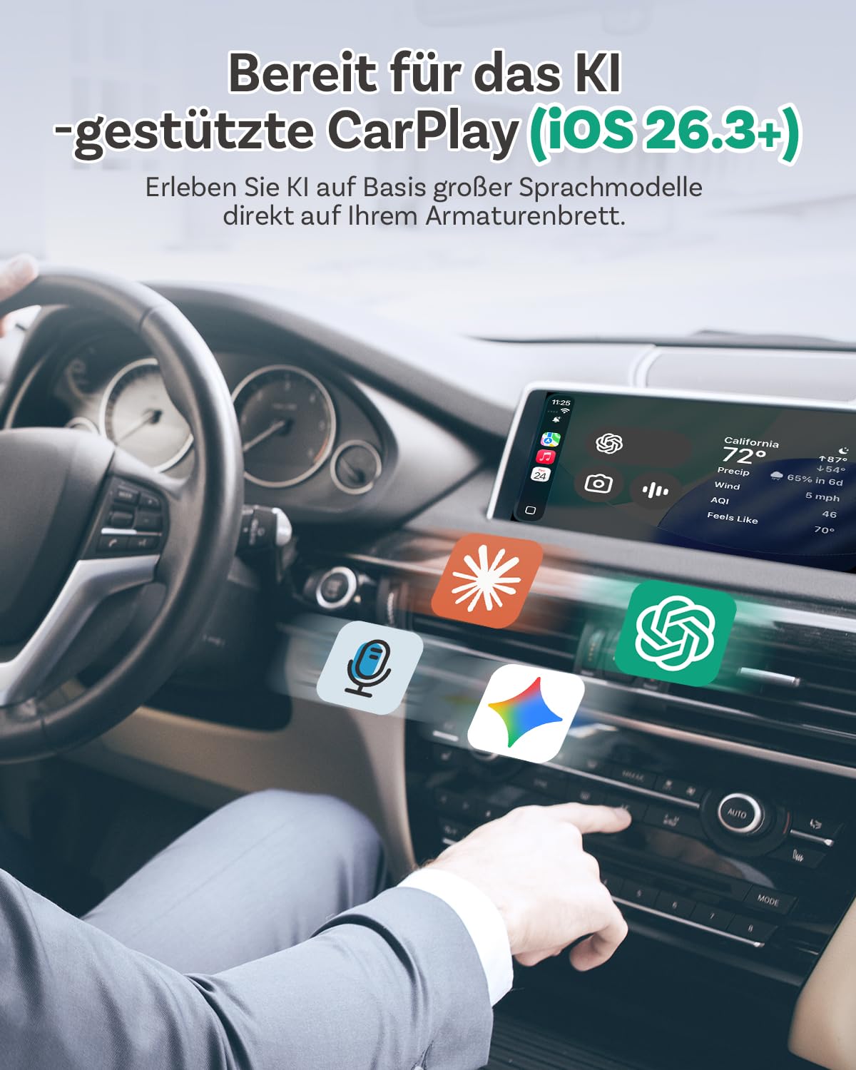 OTTOCAST 2 in 1 Wireless CarPlay und Android Auto Adapter, Mini Nova 2026 Ultra-Kompakter Kabelloser Adapter, Unterstützt ChatGPT Gemini, Plug & Play für kabelgebundene CarPlay/Android Auto Fahrzeuge