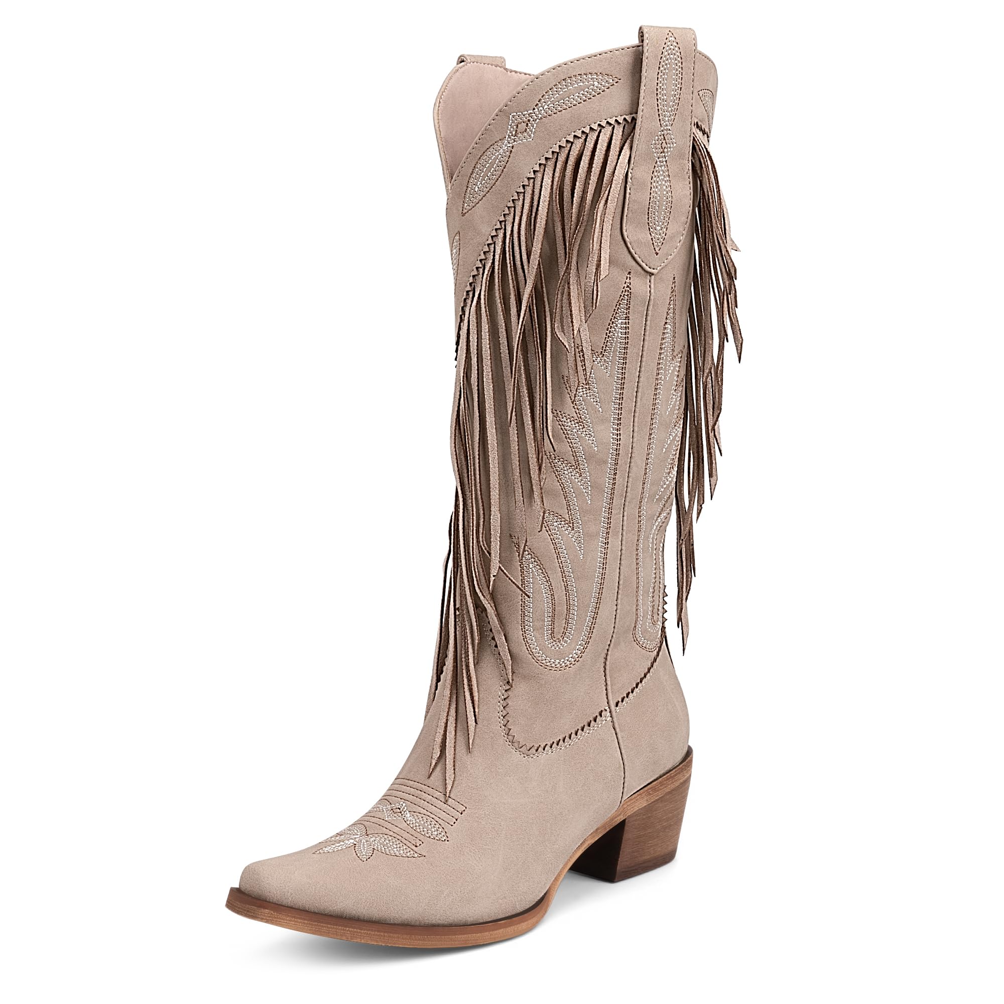Womens Fringe Cowboy Boots Mid Calf Block Heel Snip Toe Boots Retro Embroidered Tassel Western Cowgirl Boots