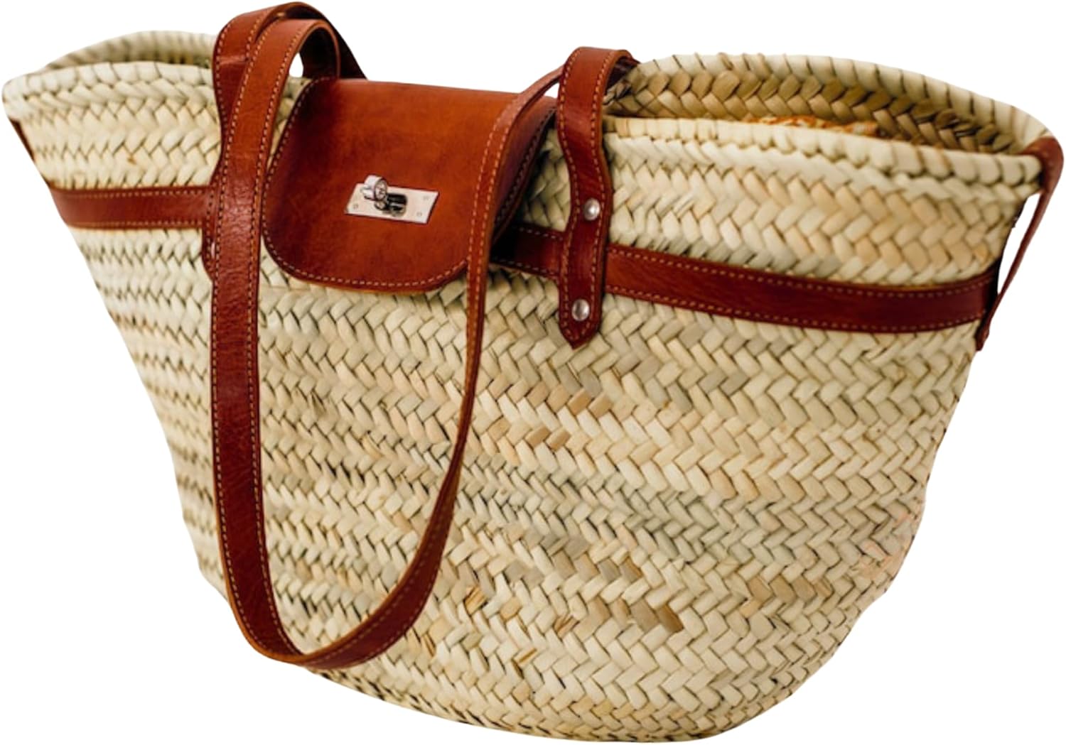 Handwoven French Basket with Leather Straps - Perfect for Summer Picnic, Beach Trips, or Outdoor Storage, Palm Leaf Tote for Elegant Women (Brown Leather Straps)