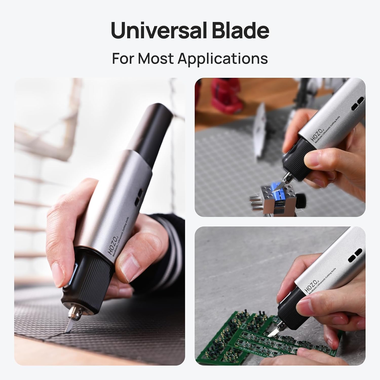 Image showing the HOZO NeoBlade Ultrasonic Cutter in use for various applications.