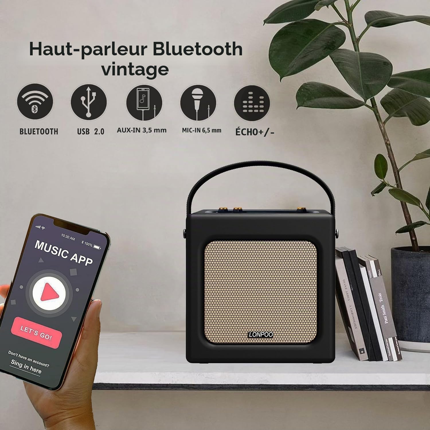 LONPOO Enceinte Bluetooth rétro Aspect Cuir avec Batterie, 20 W, Lecteur USB, entrée auxiliaire, Prise Microphone 6,5 mm, Charge de Type C, Micro Chaîne HiFi stéréo