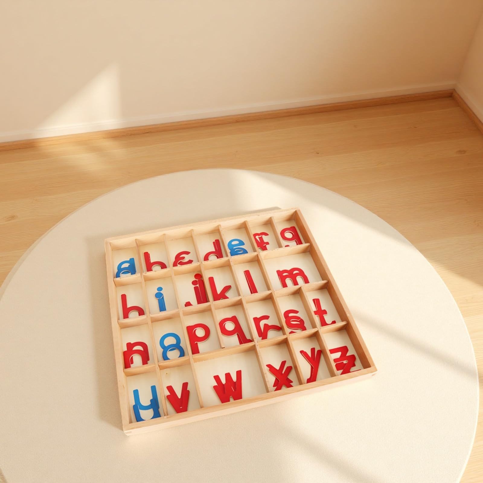 Alfabeto móvil con caja y manta, alfabeto de madera para educación temprana, letras cursivas pequeñas, consonantes rojas y vocales azules, 34,5 x 33 x 2,5 cm