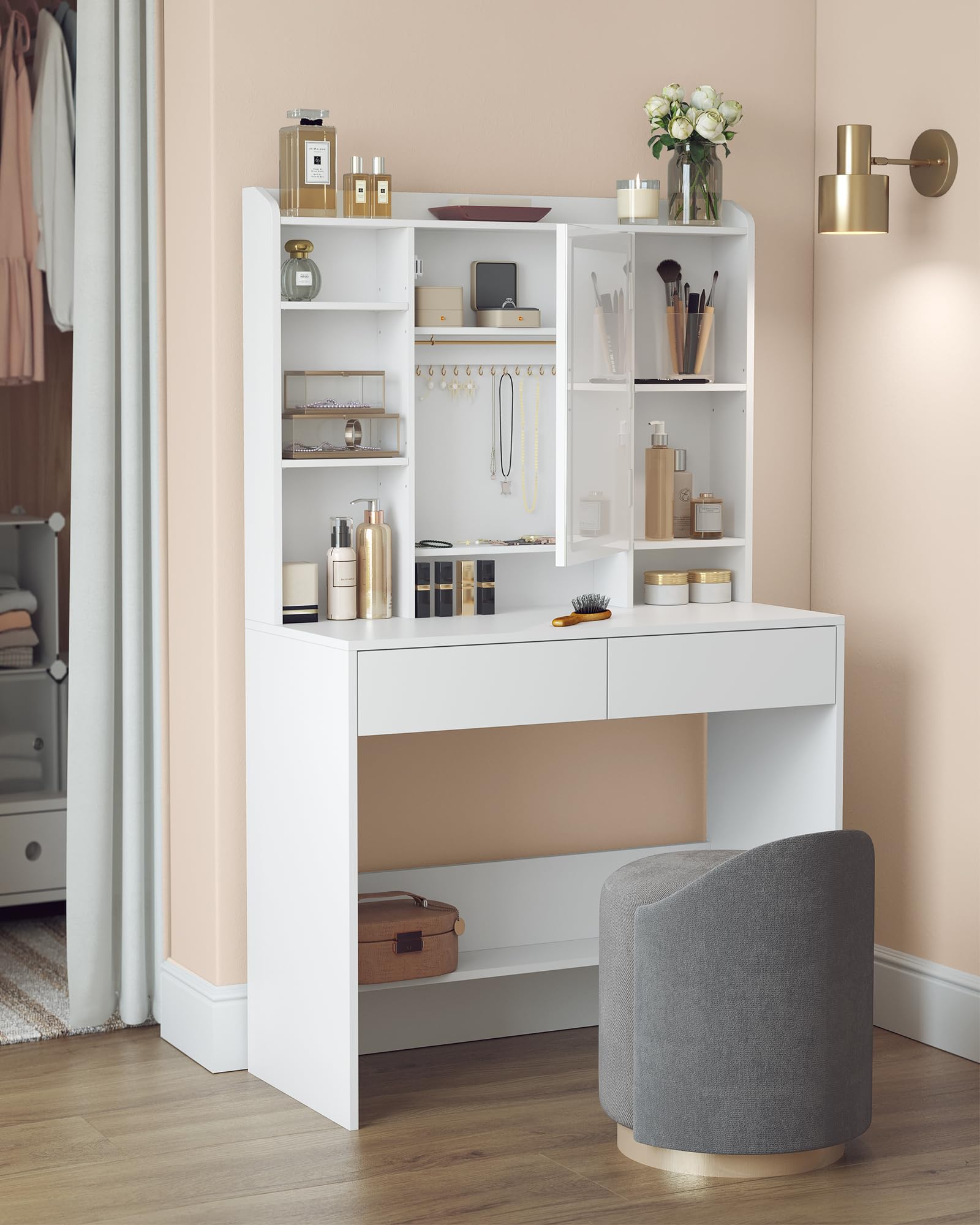 VASAGLE KAILYN Collezione - Toeletta con Luci LED 3 Colori con Luminosità Regolabile, Tavolo da Trucco con Specchio, Ripiani Regolabili, 2 Cassetti, Postazione Trucco, Bianco RDT123WB01