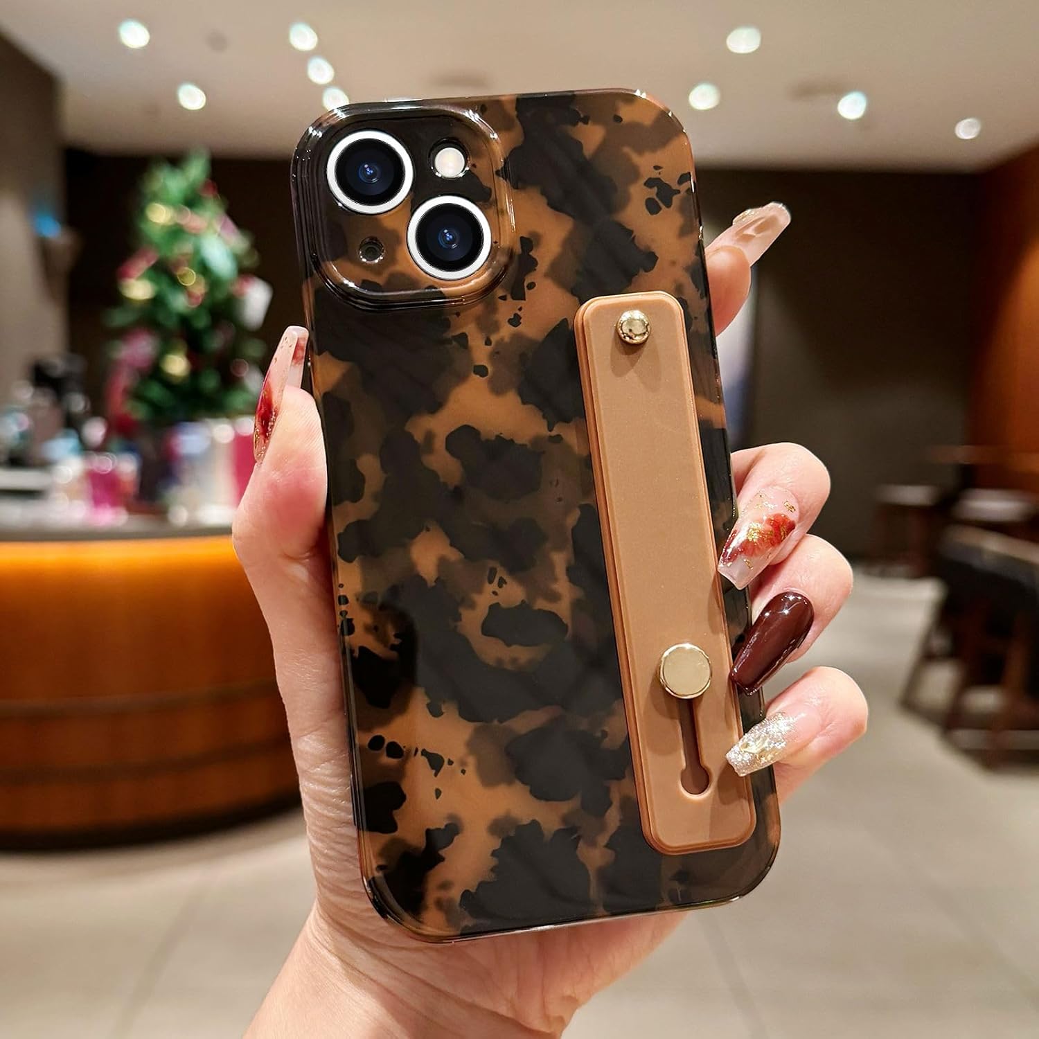 LAPOPNUT for iPhone 14 Case with Wrist Strap, Cheetah Leopard Tortoise Shell Print Shockproof Soft TPU Protective Case for Women Girls, Slim Anti Scratch Case for iPhone 14 6.1 Inch,Brown - Image 4