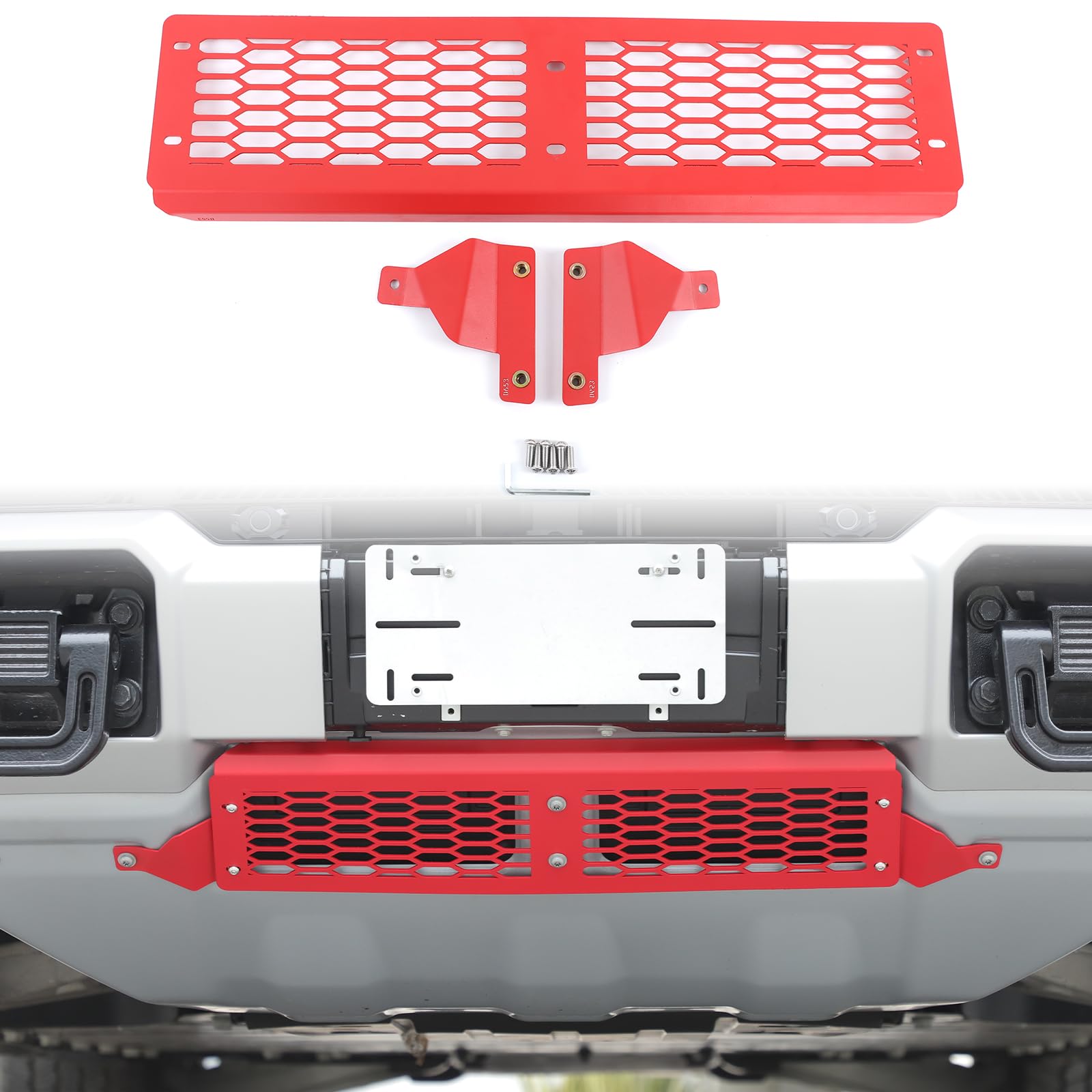 Front Bumper Grille for Hummer EV SUV/SUT Accessories Red Carbon Steel Front Bumper Cover Lower Guards Trim Panel Grill Air Intake Protector Accessories 1 Piece Mesh Style Lower Grille Trim