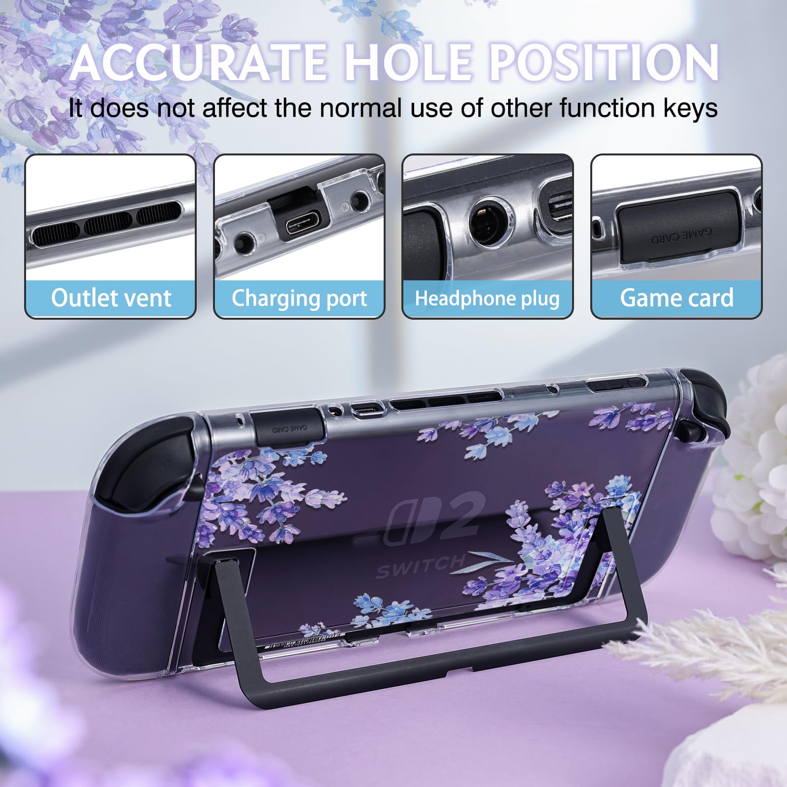 DLseego Protective Case Flower Floral Clear Switch 2 (2025), Detachable Joy-Handle Protective Case 2-Piece Split Full Wrap PC Hard Shell Anti-Scratch All-Round Protection Cover, Lavender, Purple - 3