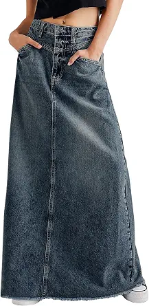 Chouyatou Women's Vintage A-Line Frayed Maxi Denim Skirt