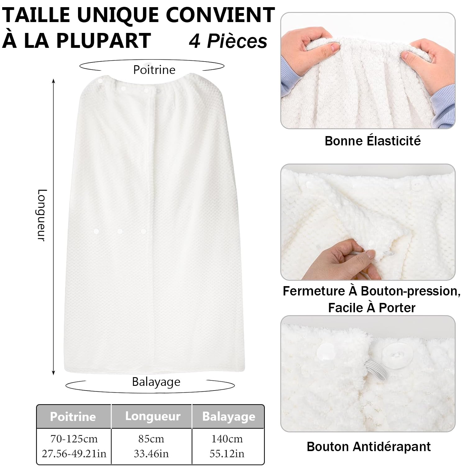 Lot de 4 Serviettes Enveloppantes Femme, Boutons Pression, Blanc, 85 cm | Paréos de Bain Doux et Absorbants avec Haut Élastique pour Spa, Sauna, Hammam, Piscine, Hôtel et Salon de Beauté