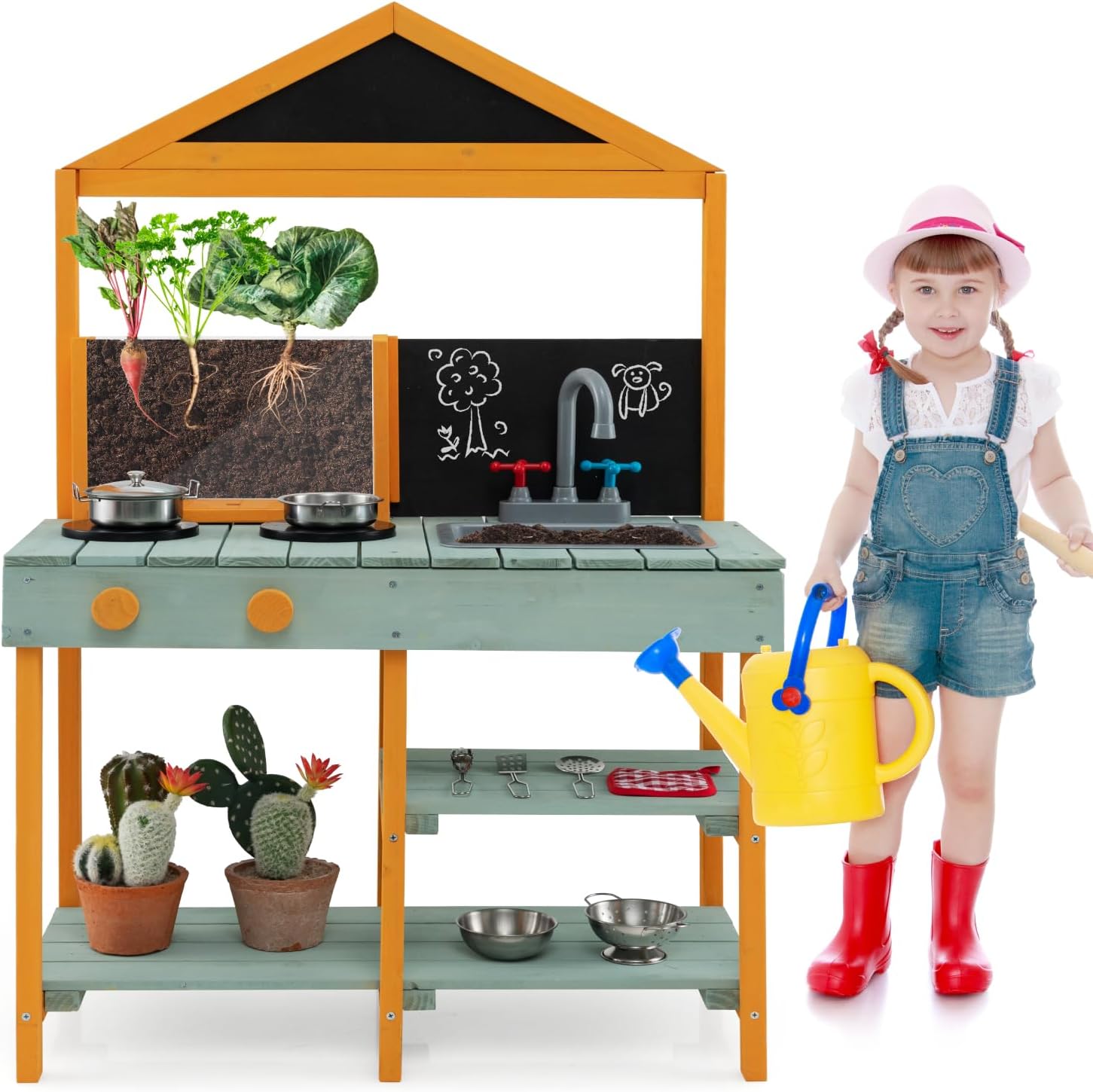HONEY JOY Mud Kitchen, Fir Wood Outdoor Play Kitchen for Toddlers, Transparent Root Viewer Planter, Realistic Faucet & Sink, Stoves, Chalkboard, Storage Shelf, Mud Kitchen for Kids Outdoor Backyard