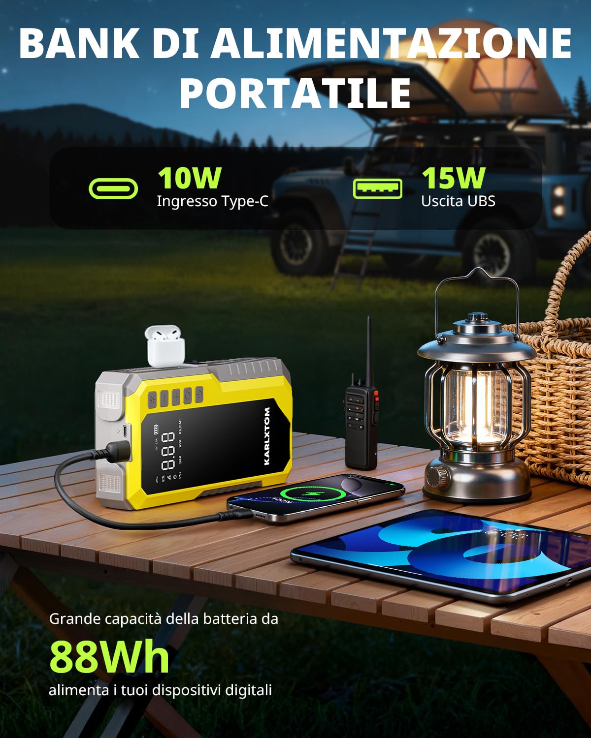 Karlxtom Booster Avviamento Auto con Compressore 190PSI, 12V Avviatore Batteria Auto (Tutto Gas/10L Diesel), Ingresso/Uscita Alimentazione di Avviamento e Luce LED da 500 LUM, Display LCD