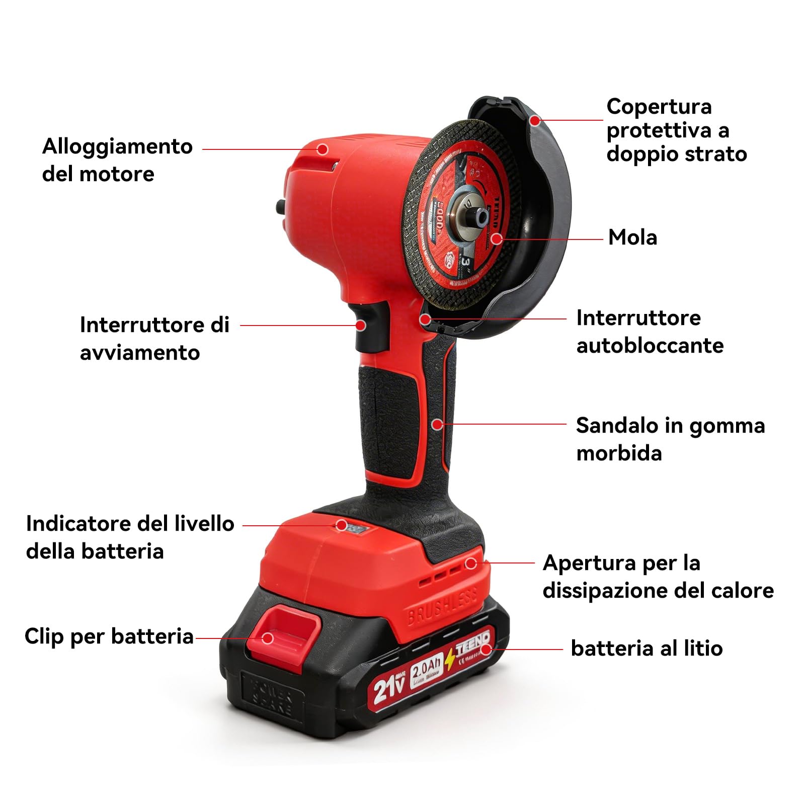 Smerigliatrice angolare TEENO 21V con spazzole, 19500 giri/min, dotata di 2 batterie da 2000 mAh e 6 dischi abrasivi, utensile elettrico per taglio adatto per metallo, legno e piastrelle