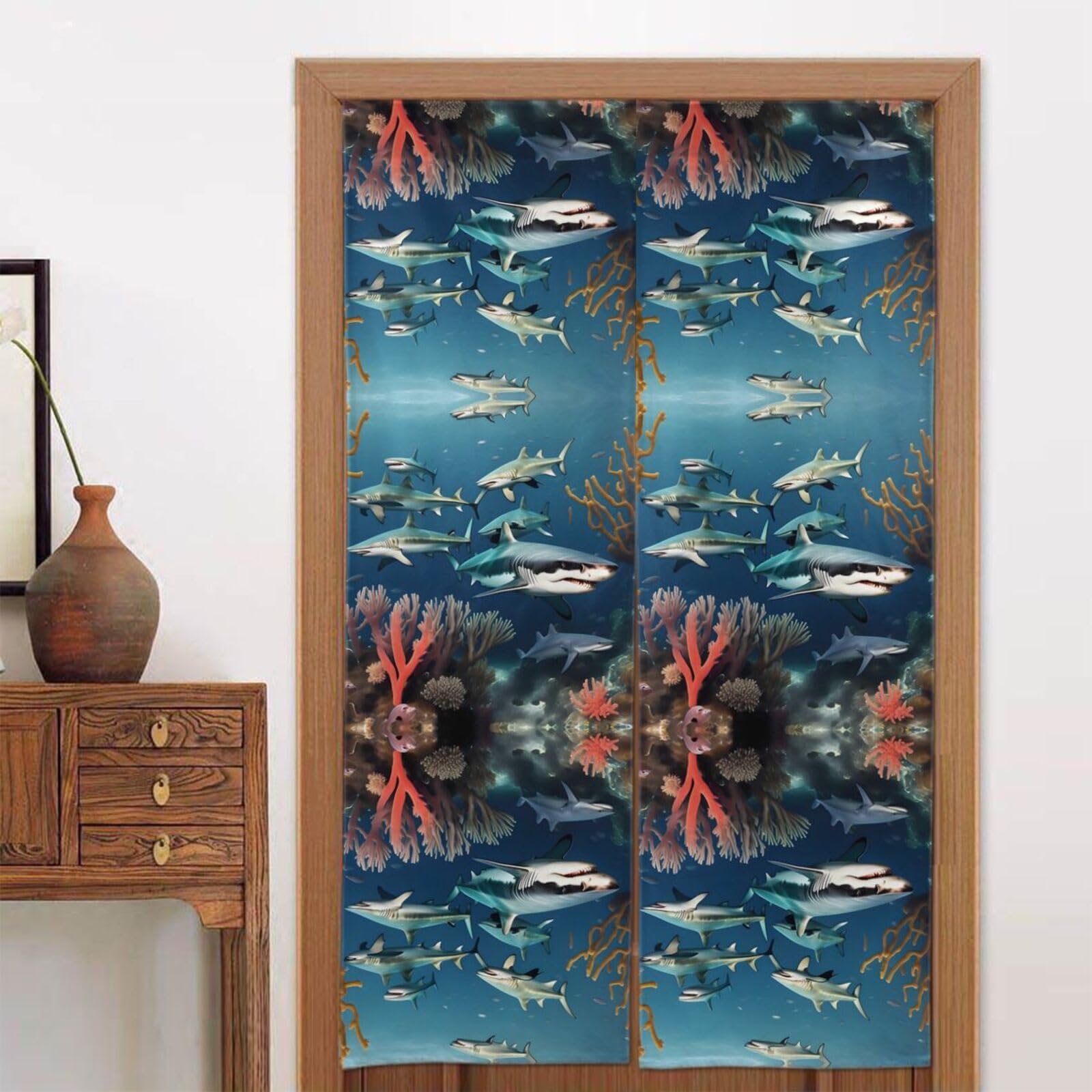 CNTDBU Sharks under the sea Door Curtain 34x56 Inch-Room Divider Panel for Privacy, Entryway Screen for Kitchen Bedroom