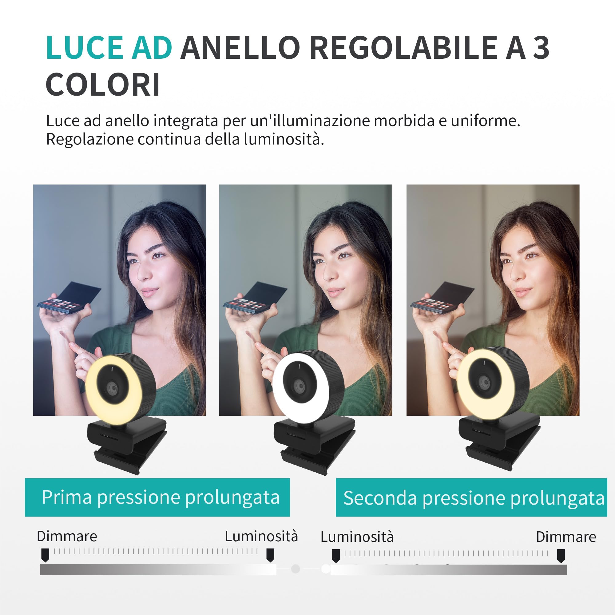 Webcam 1080P 60FPS con Microfono, Ring Light, Autofocus, 3 Modalità di illuminazione con Dimmerazione Continua per Videoconferenze su PC, Mac, Laptop e Tablet