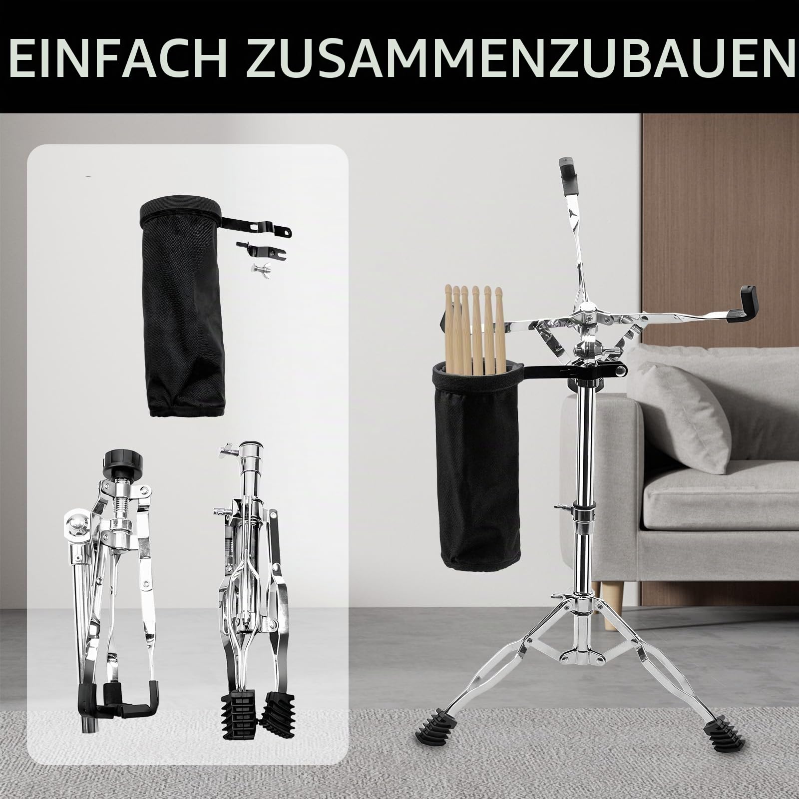 Snaredrum-Ständer, Übungspad-Ständer mit Drumsticks-Halter, verstellbare Höhe 36,8 cm bis 58,4 cm, Zubehör für Anfänger, leicht, Aufbewahrung