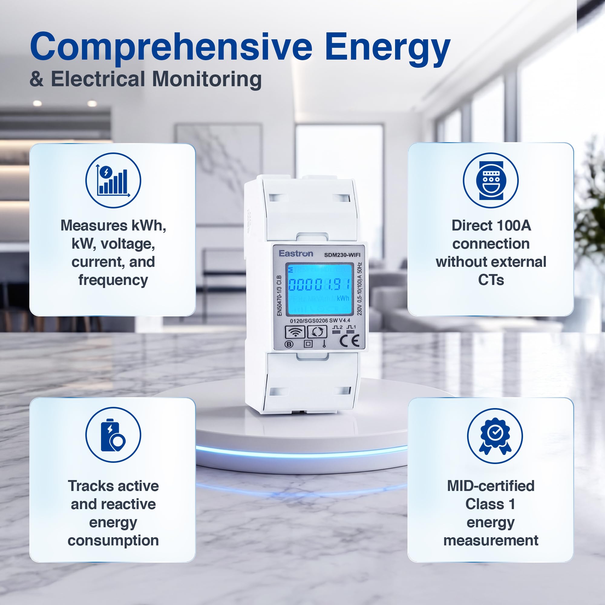 Eastron SDM230-WIFI-MID licznik energii – jednofazowy licznik prądu na szynie DIN 100 A – zdalny odczyt za pomocą aplikacji Tuya & Smart Life, bez opłat abonamentowych, certyfikat MID