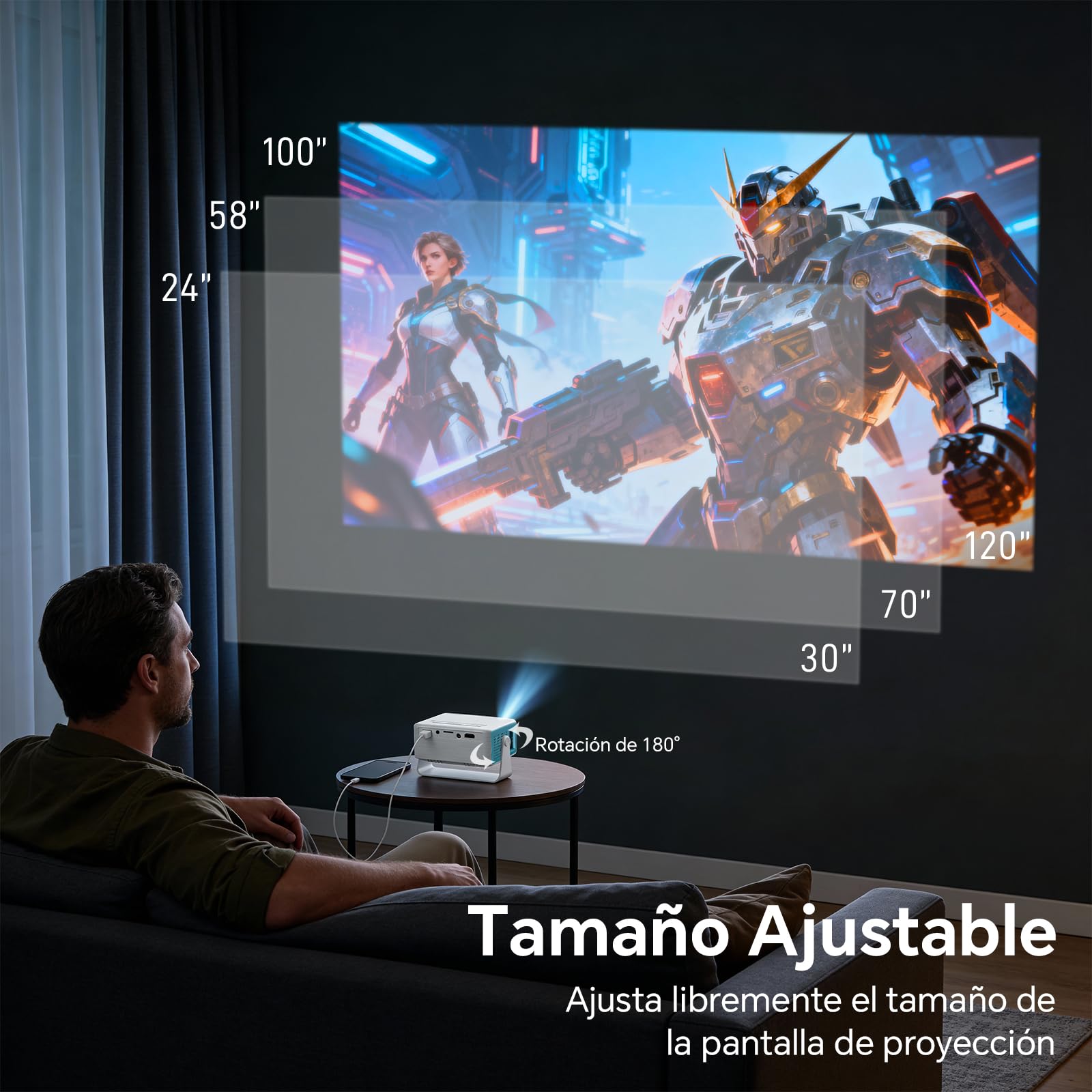 WOLFANG Proyector Portátil Mini, Cine en Casa para Dormitorio, Compatible Full HD 1080P, Corrección Keystone Automática, Zoom 50% y Rotación 180°, iOS/Android/TV Stick