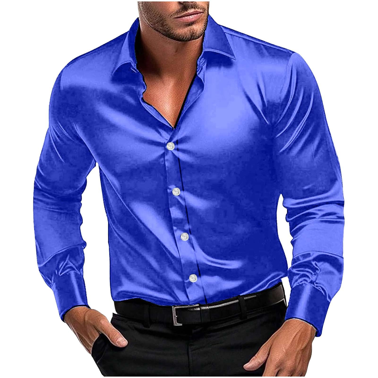 Mens Fashion Satin Button Down Shirts Party Prom Blouses Lapel Long Sleeve Lightweight Thin Dress Shirt
