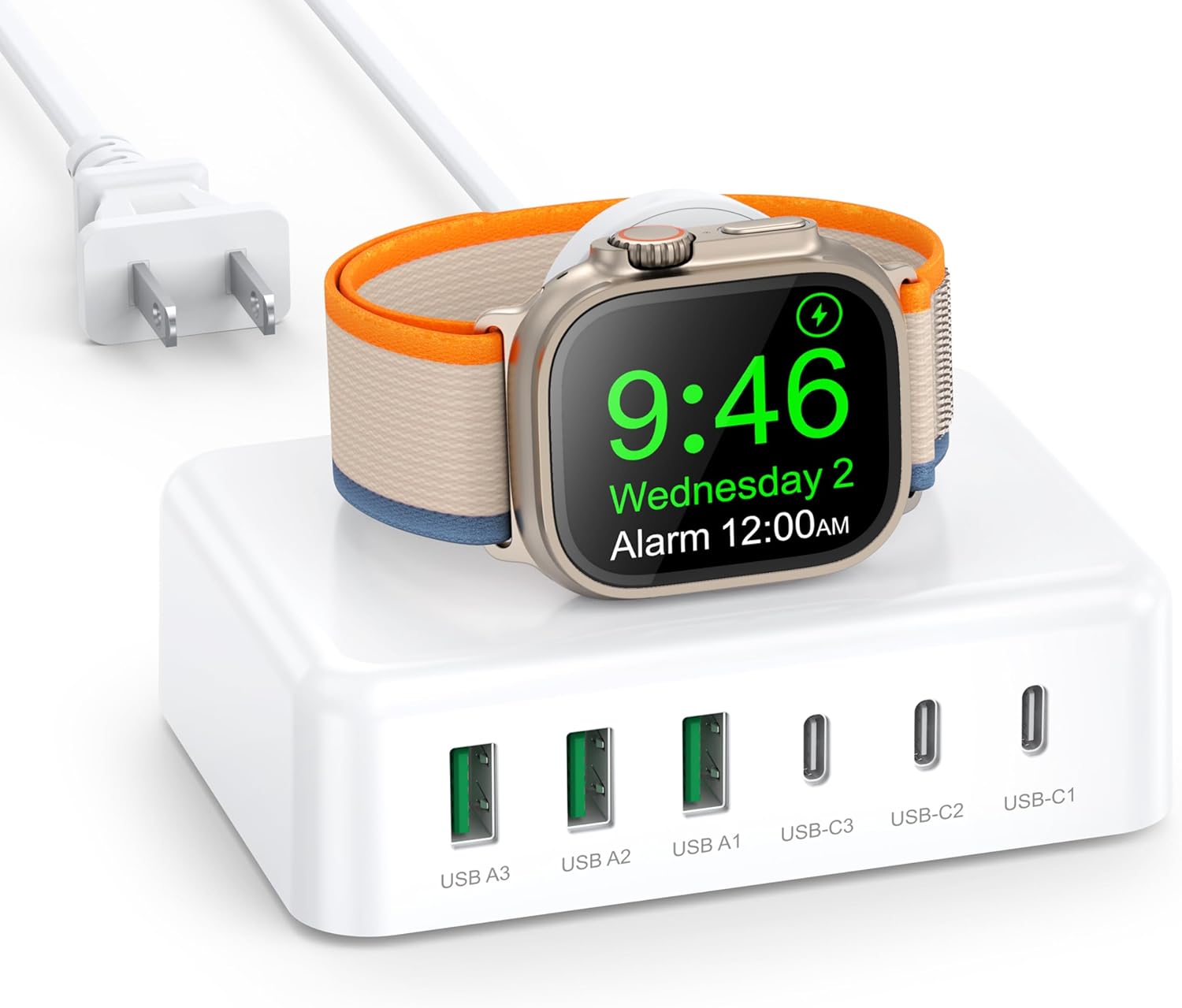 Charging Station for iPhone & Apple Watch, 125W USB C Fast Charging Block, 7-in-1 Compact Travel Adapter with 6 Port for iPhone 17/16/15/14/13, Wireless Magnetic for iWatch SE/11/10/9/8/7/6/5/4-White