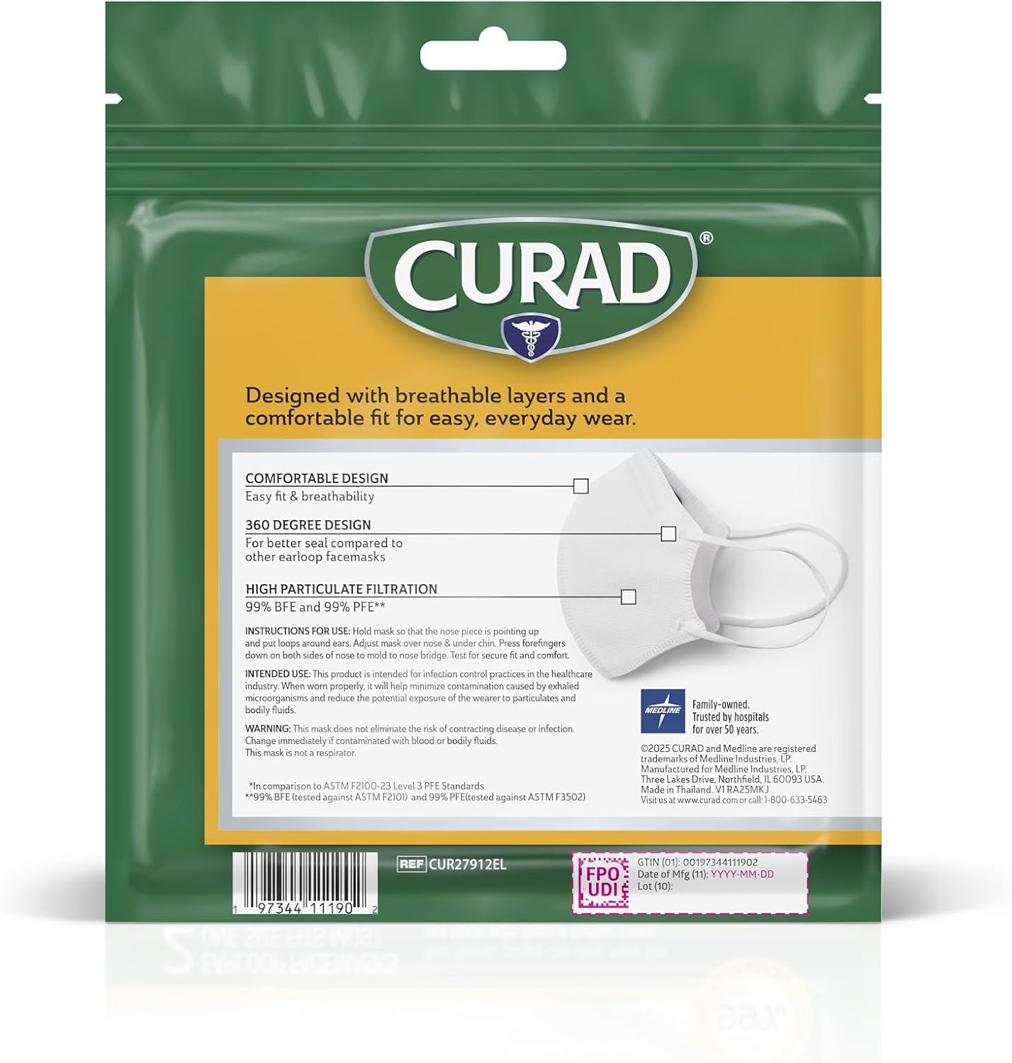 CURAD Flat-Fold Face Mask with Ear Loops, White, 48 Count