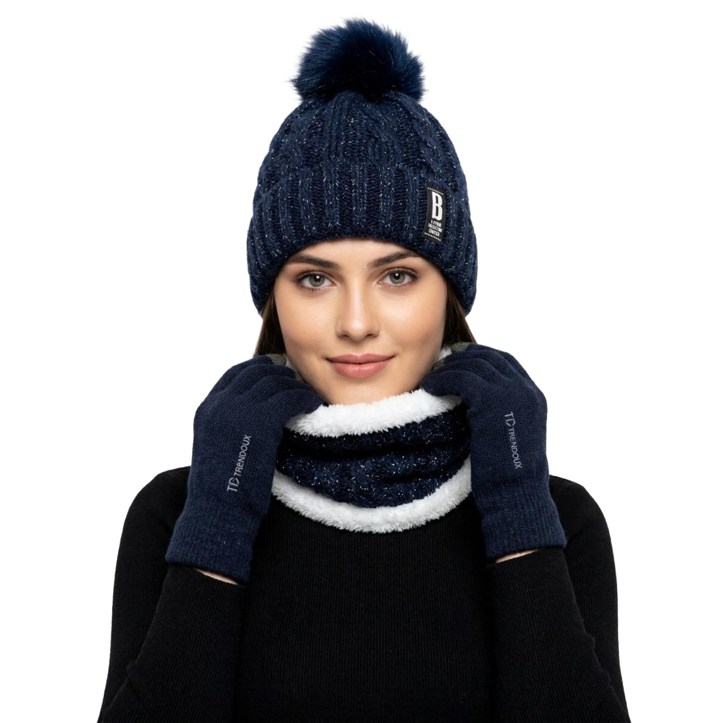 Winter Wear Set For Women | 3-in-1 Woollen Beanie Cap with Pompom, Fleece Lined Neck Warmer Muffler Scarf & Touchscreen Gloves-image-36