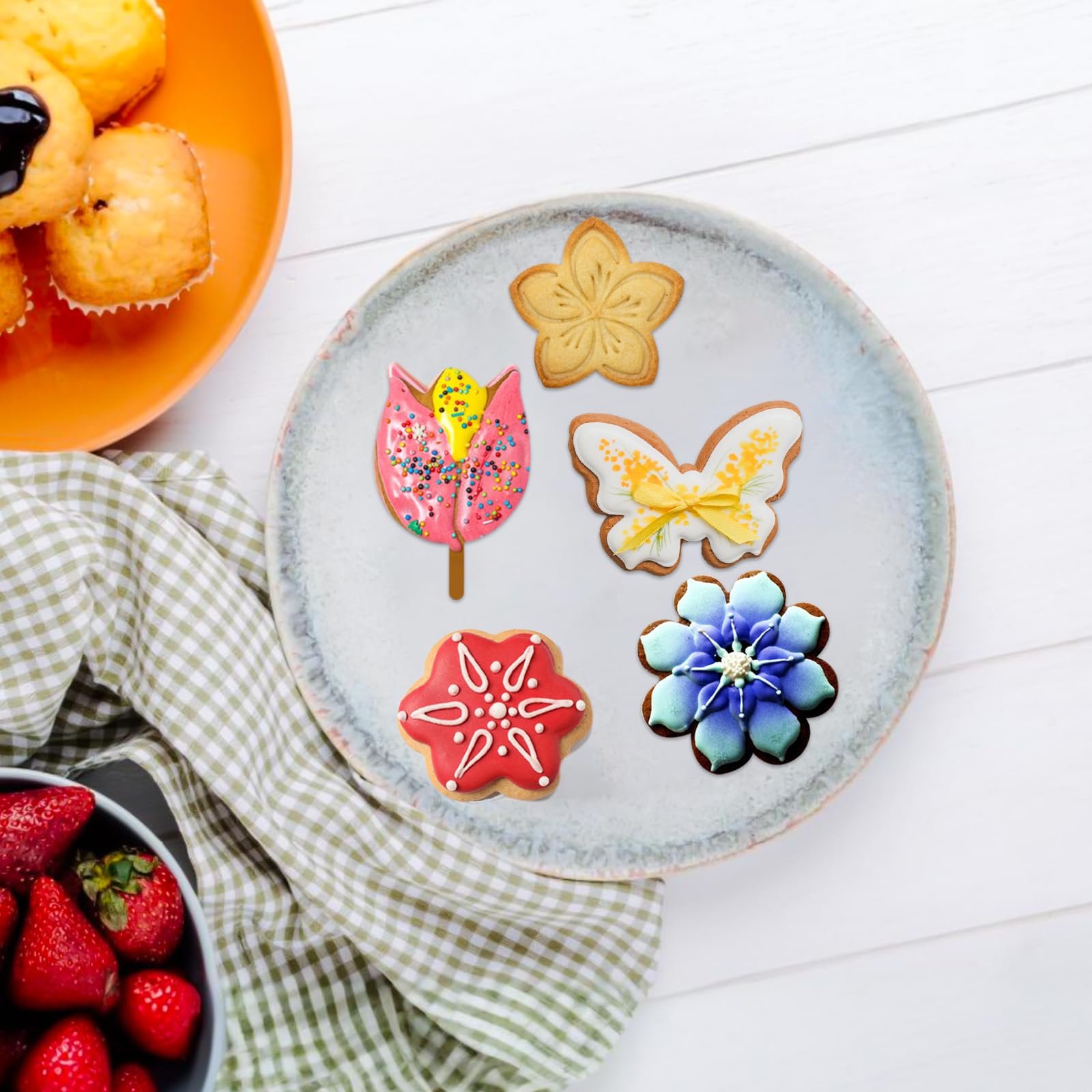 6 formine per biscotti a forma di fiore, in acciaio inox, a forma di margherita, tulipano, fiori, fiori e farfalla, per biscotti e fondente